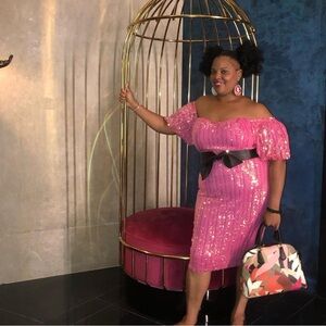 Hot Pink Plus Off Shoulder Puff Sleeve Sequin Bodycon Dress/ 2XL(16)